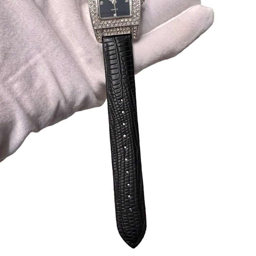Vintage Women's Watch Black Band Faux Leather Rhinestone Bezel Black Dial - Picture 8 of 16